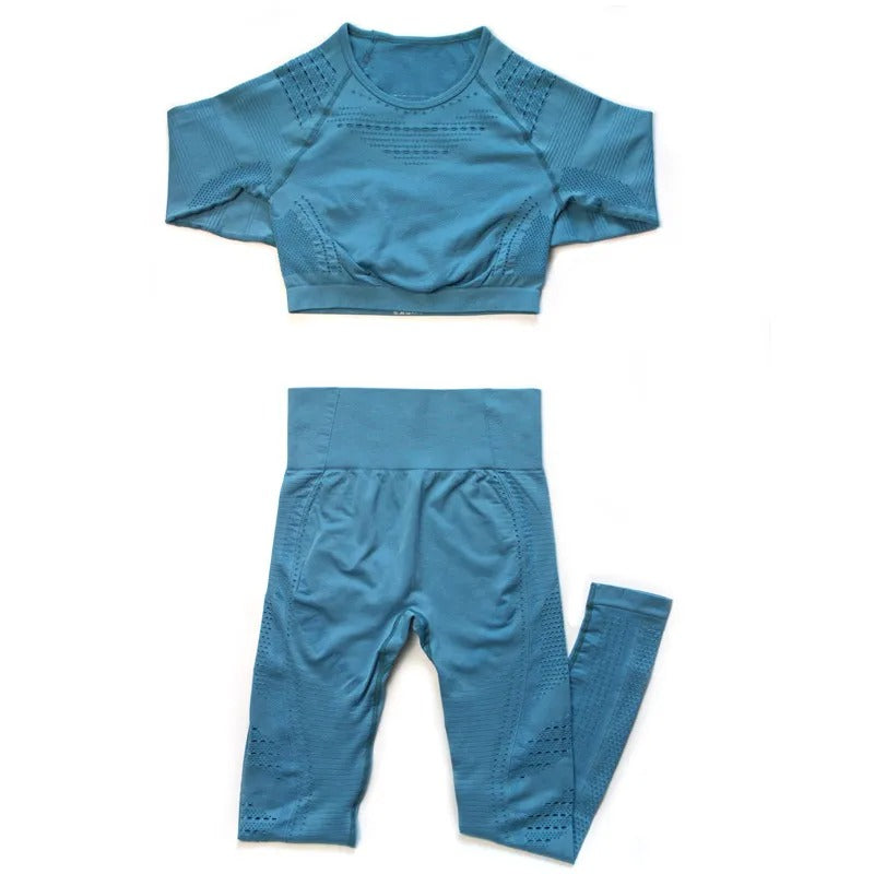 Nahtloses Langarm-Crop-Top und Leggings mit hoher Taille für Damen