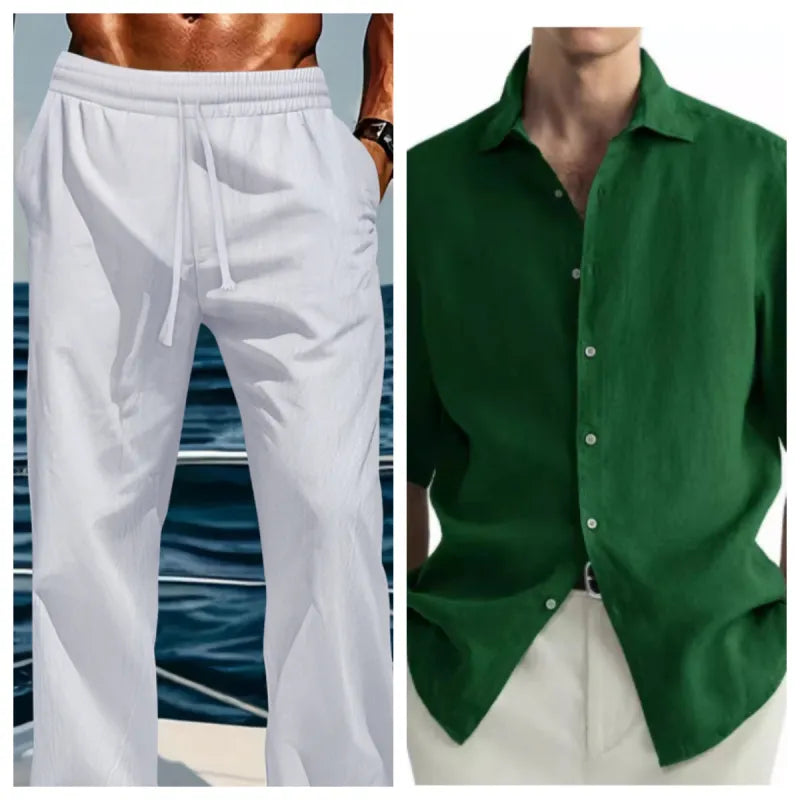 Herren-Set aus Kurzarmhemd und Kordelzughose mit entspannter Passform