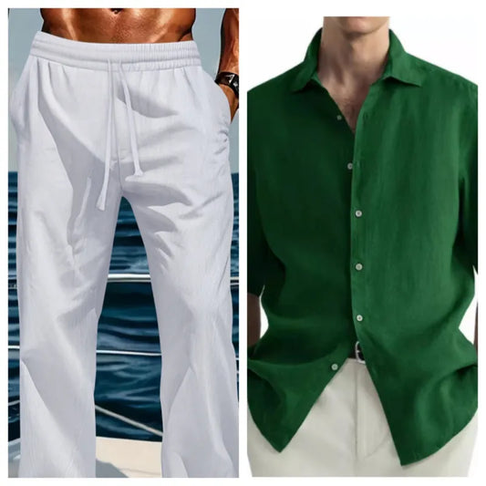 Herren-Set aus Kurzarmhemd und Kordelzughose mit entspannter Passform