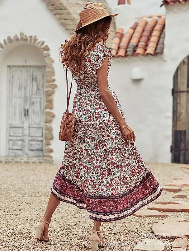 Bedrucktes Kurzarmkleid mit V-Ausschnitt und High-Low-Saum für Damen