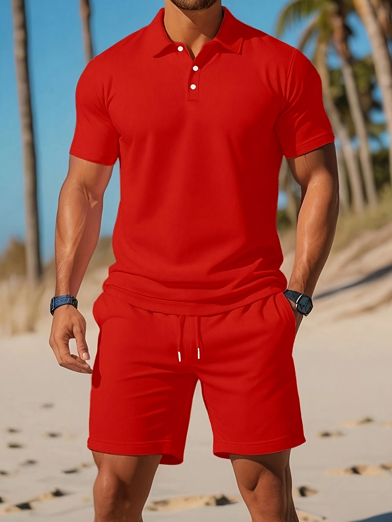 Herren-Set aus Poloshirt und Shorts mit Kordelzug in der Taille und tailliertem Schnitt