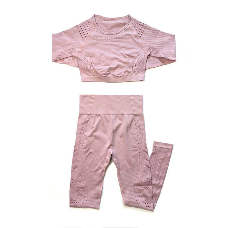 Nahtloses Langarm-Crop-Top und Leggings mit hoher Taille für Damen