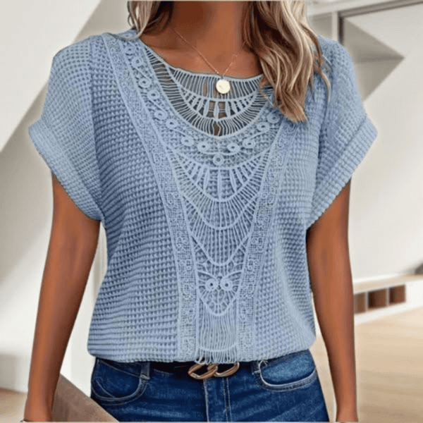 Häkel-Stricktop für Damen mit kurzen Ärmeln und rundem Ausschnitt
