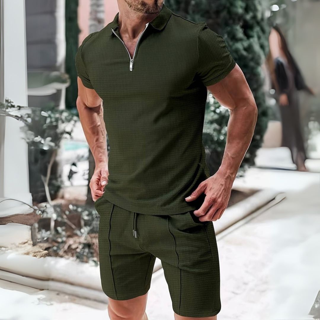 Herren-Set aus Poloshirt und Shorts mit Reißverschlusskragen und Seitentaschen