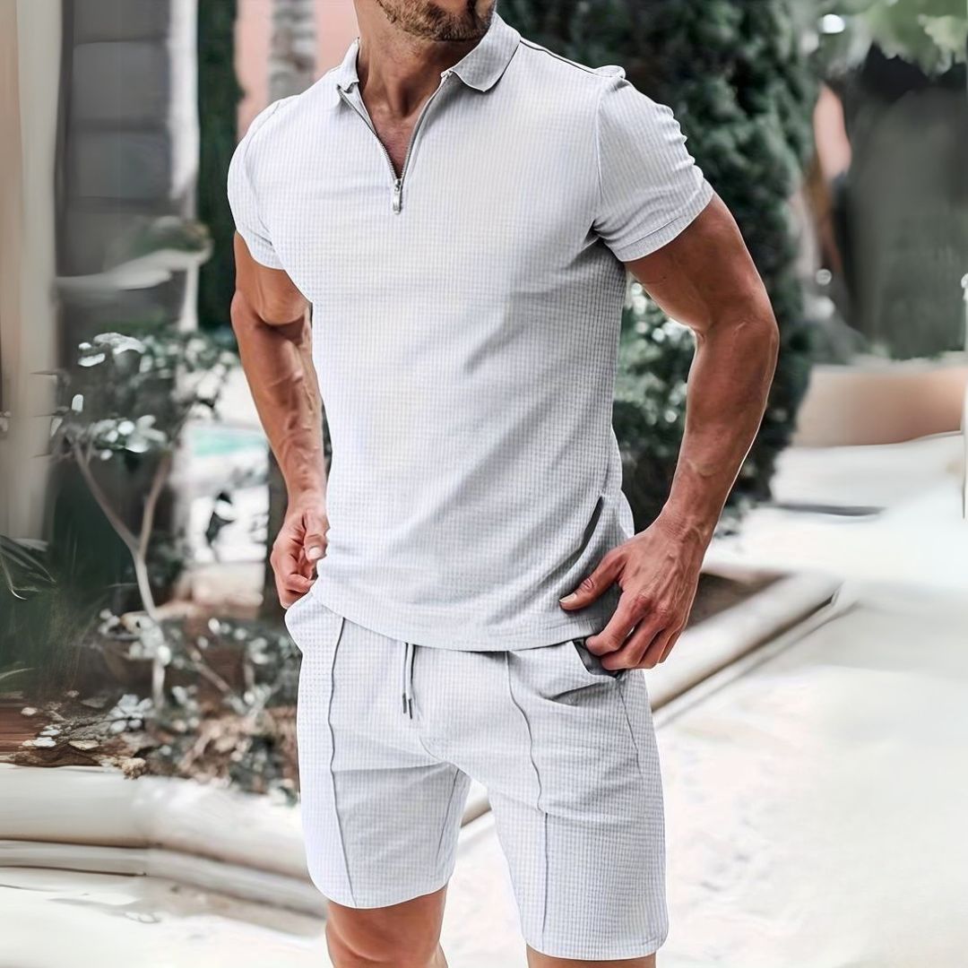Herren-Set aus Poloshirt und Shorts mit Reißverschlusskragen und Seitentaschen
