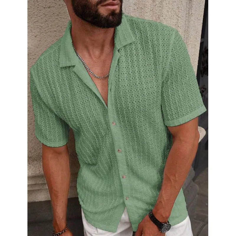 Herren-Kurzarmhemd aus strukturiertem Strick mit Knopfleiste