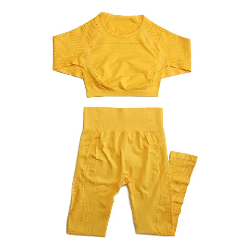 Nahtloses Langarm-Crop-Top und Leggings mit hoher Taille für Damen