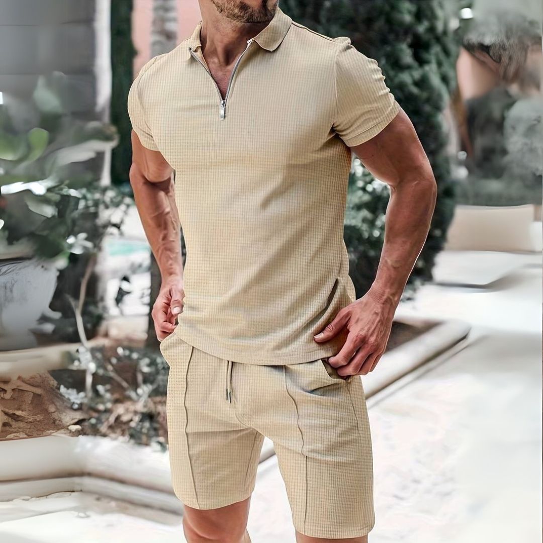 Herren-Set aus Poloshirt und Shorts mit Reißverschlusskragen und Seitentaschen