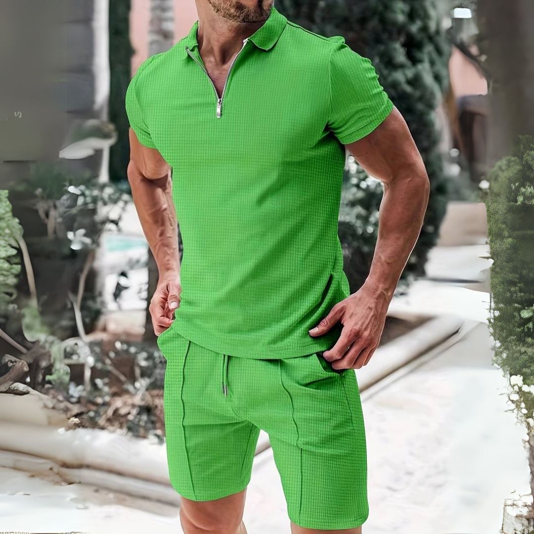 Herren-Set aus Poloshirt und Shorts mit Reißverschlusskragen und Seitentaschen