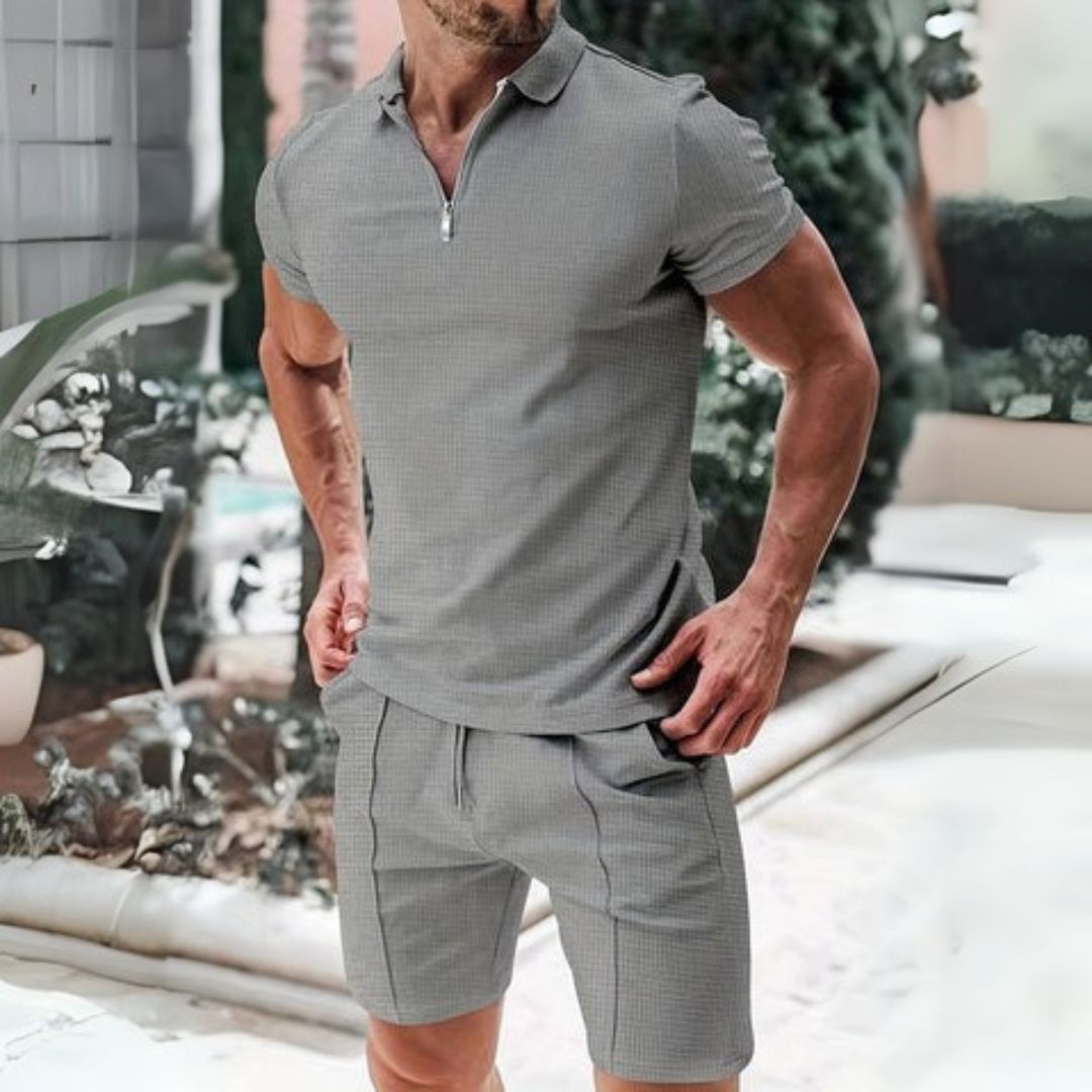 Herren-Set aus Poloshirt und Shorts mit Reißverschlusskragen und Seitentaschen