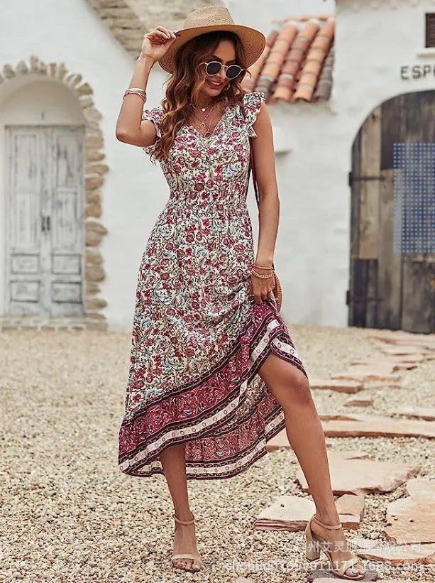 Bedrucktes Kurzarmkleid mit V-Ausschnitt und High-Low-Saum für Damen