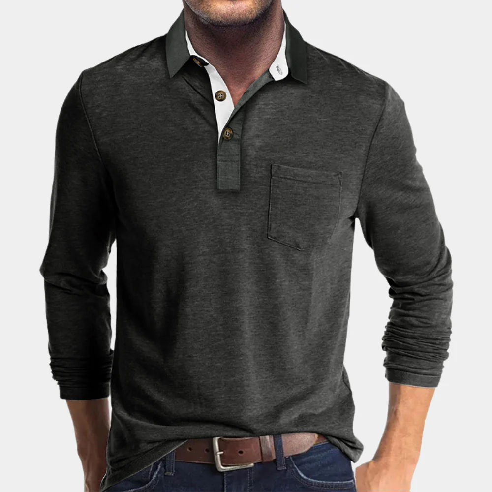 Herren Langarm-Poloshirt mit Brusttasche und Knopfleiste