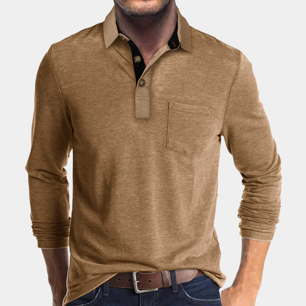 Herren Langarm-Poloshirt mit Brusttasche und Knopfleiste