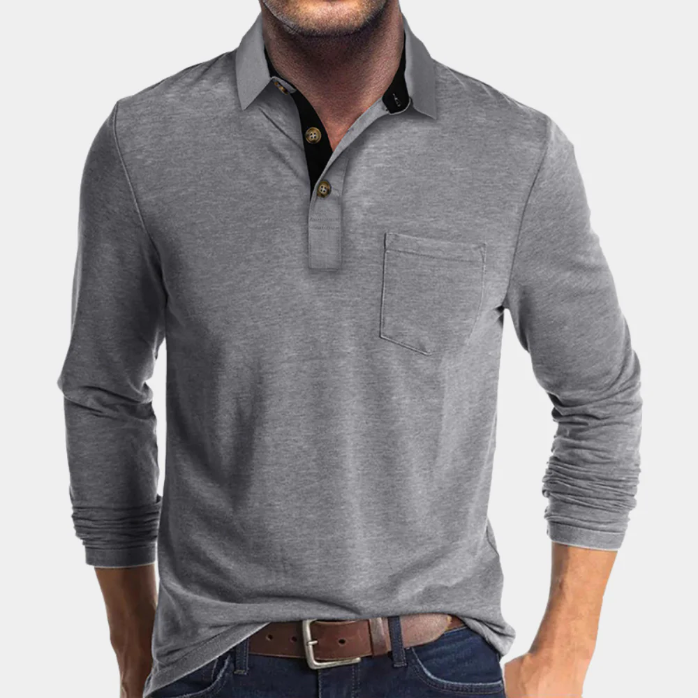 Herren Langarm-Poloshirt mit Brusttasche und Knopfleiste