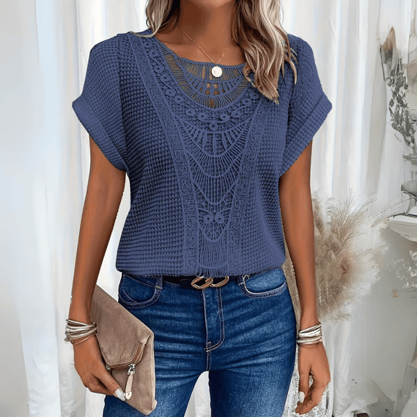 Women’s Crochet Knit Top with Short Sleeves and Round Neckline