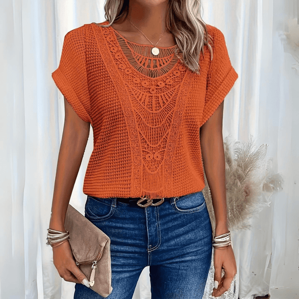 Häkel-Stricktop für Damen mit kurzen Ärmeln und rundem Ausschnitt