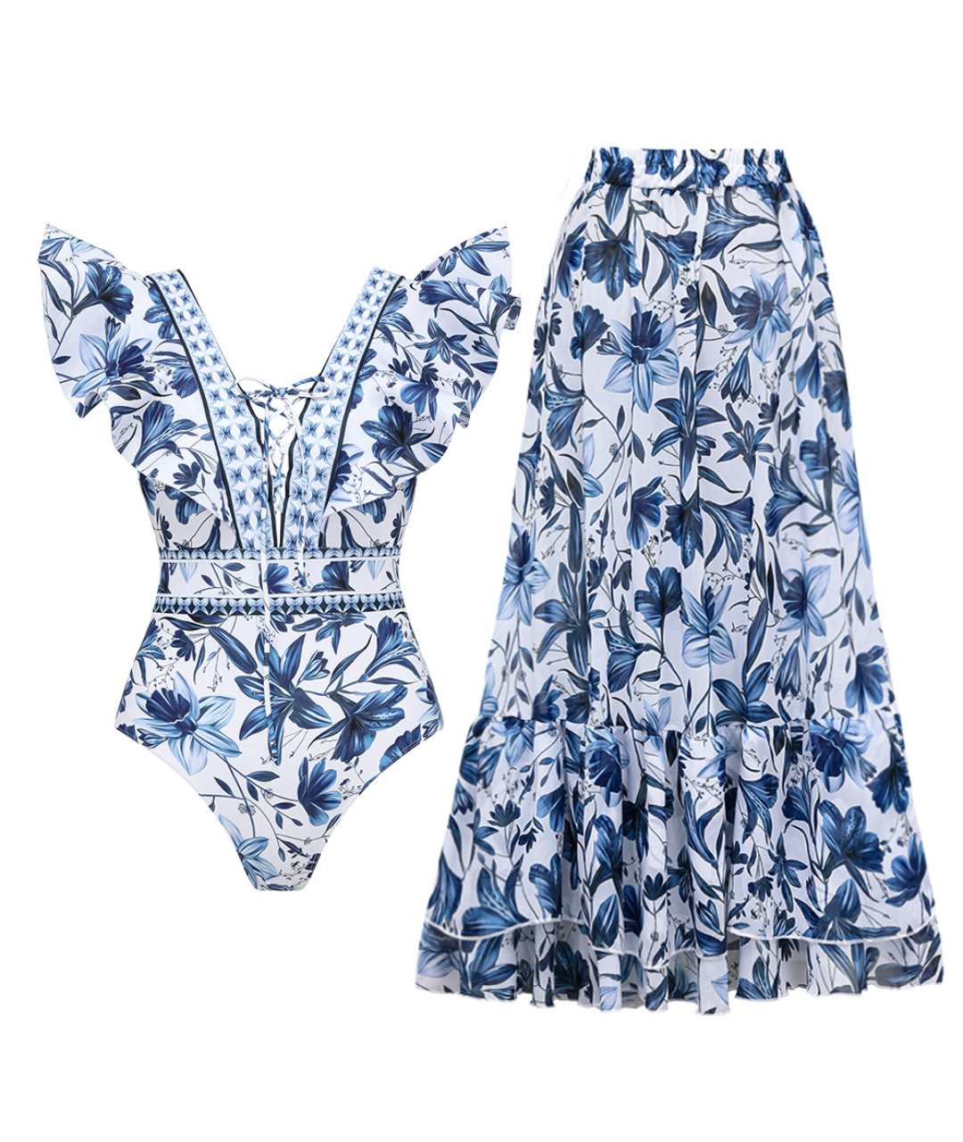 Bedrucktes Damen-Set aus Badeanzug und passendem langen Rock