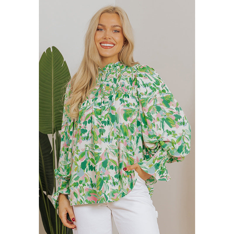 Bedruckte Langarmbluse mit hohem Ausschnitt und entspannter Passform für Damen