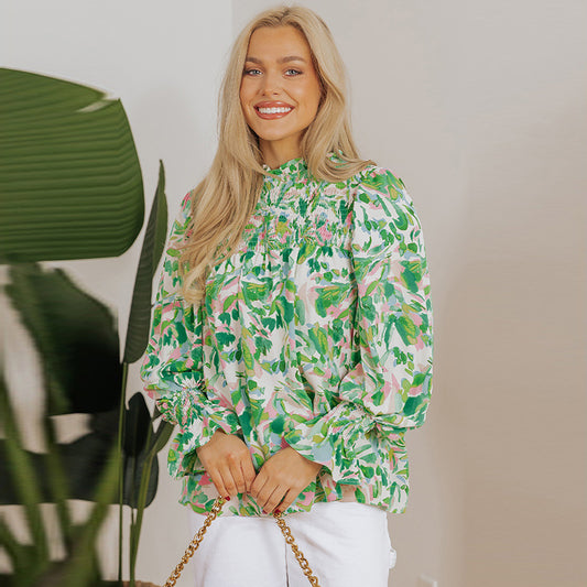 Bedruckte Langarmbluse mit hohem Ausschnitt und entspannter Passform für Damen