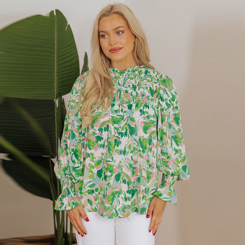 Bedruckte Langarmbluse mit hohem Ausschnitt und entspannter Passform für Damen