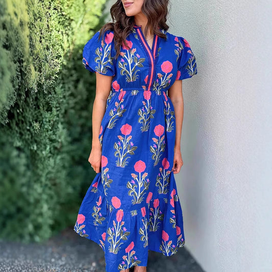 Damen-Midikleid mit Blumenmuster, Puffärmeln und Knopfleiste vorne