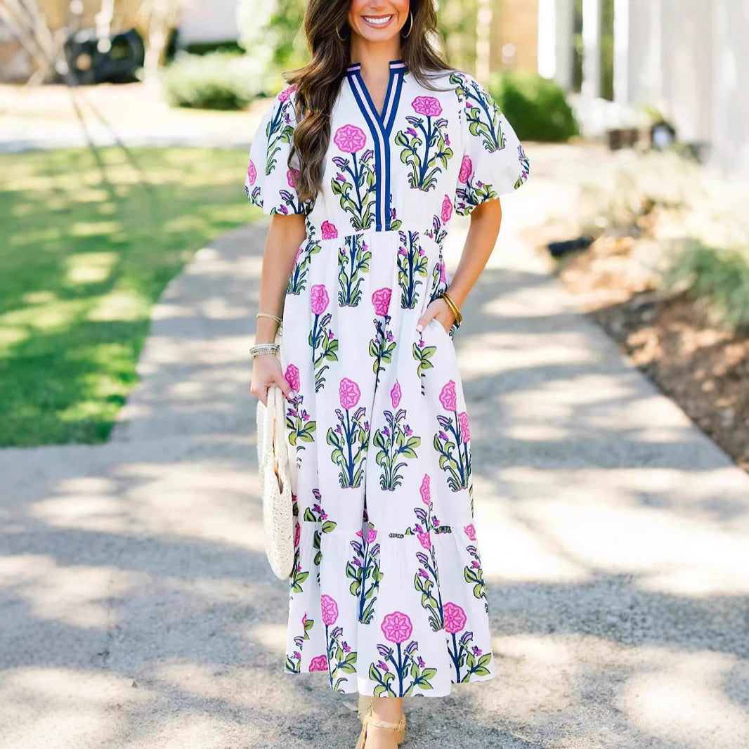 Damen-Midikleid mit Blumenmuster, Puffärmeln und Knopfleiste vorne