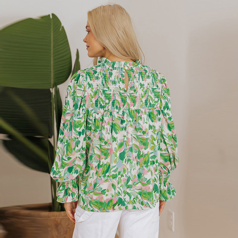 Bedruckte Langarmbluse mit hohem Ausschnitt und entspannter Passform für Damen