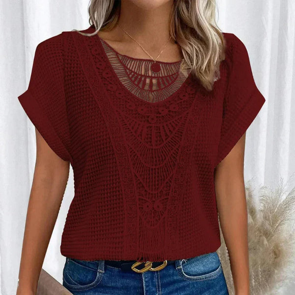 Women’s Crochet Knit Top with Short Sleeves and Round Neckline