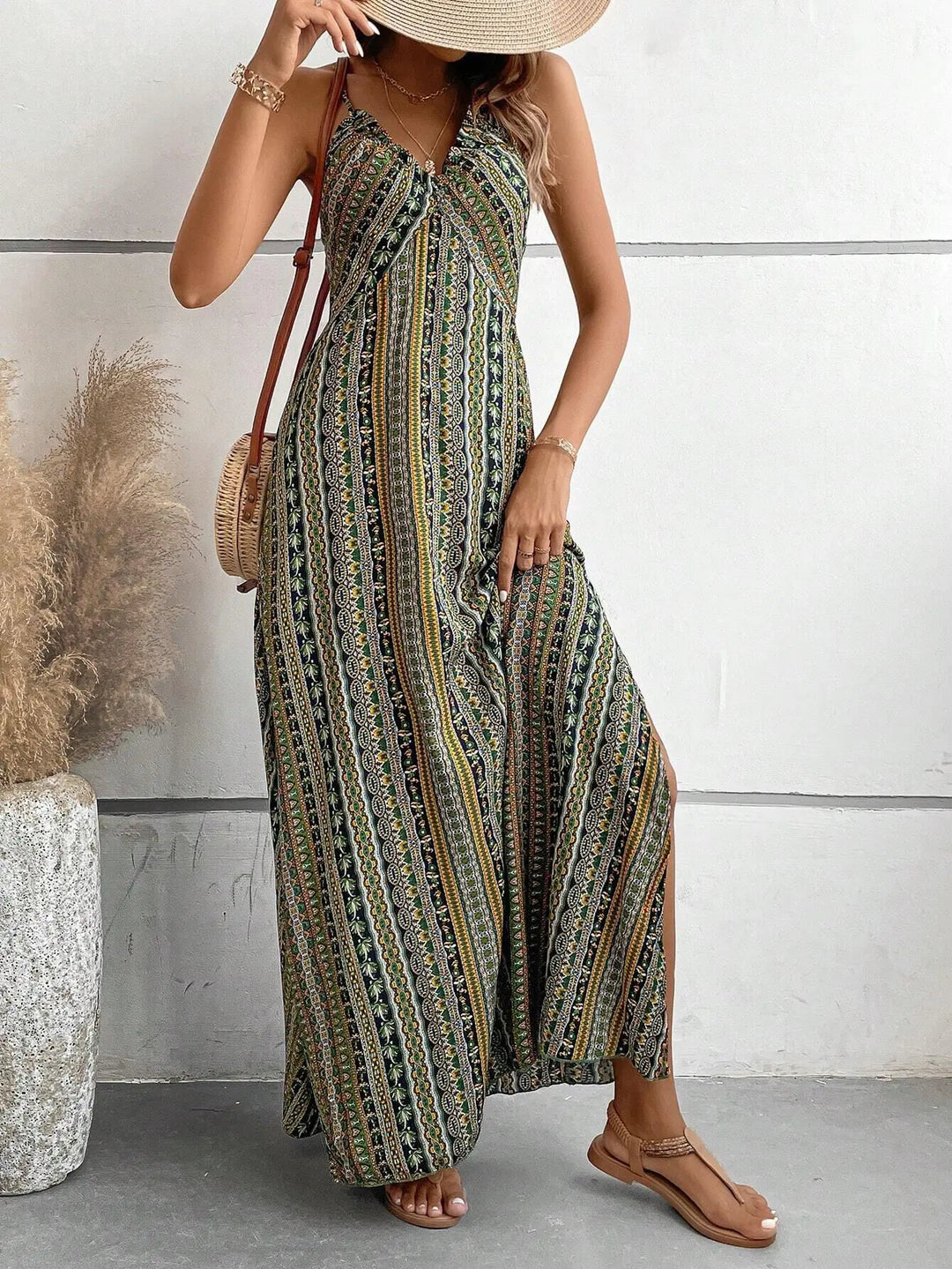 Ärmelloses Maxikleid für Damen mit gedrucktem Muster und Seitenschlitz