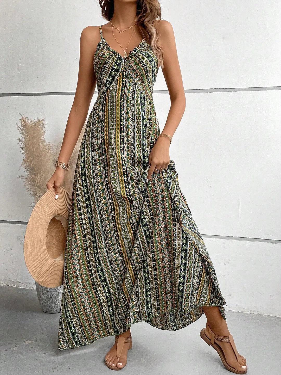 Women’s Sleeveless Maxi Dress with Printed Pattern and Side Slit
