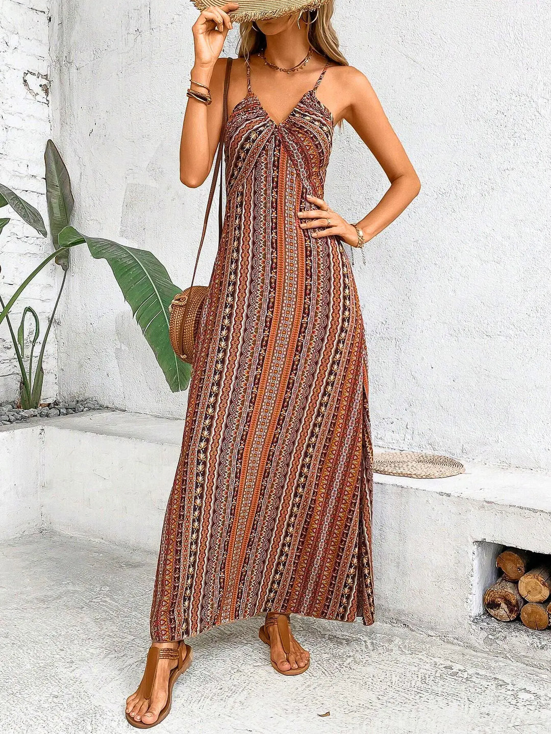 Ärmelloses Maxikleid für Damen mit gedrucktem Muster und Seitenschlitz