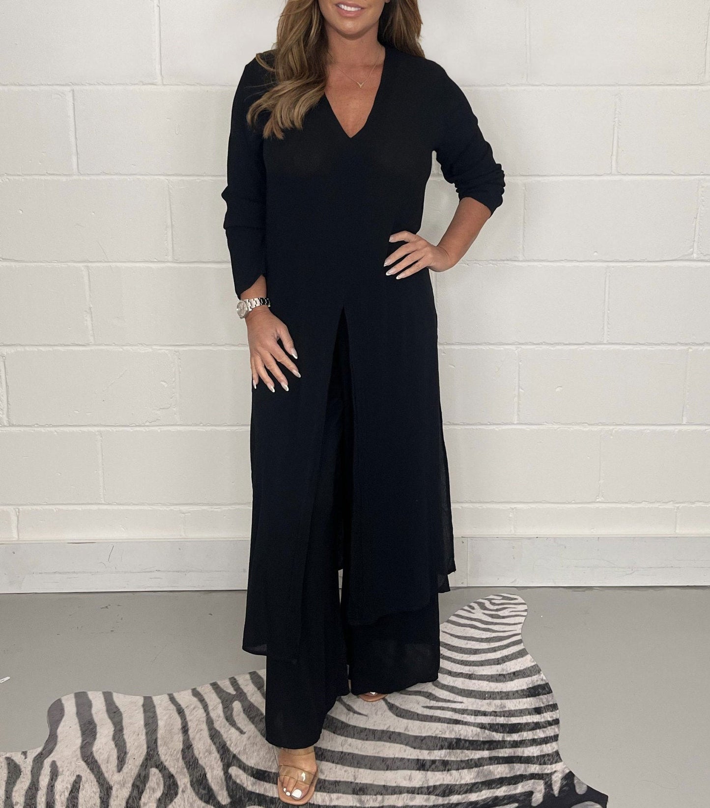 Langarm-Jumpsuit mit Knopfleiste und weitem Bein für Damen