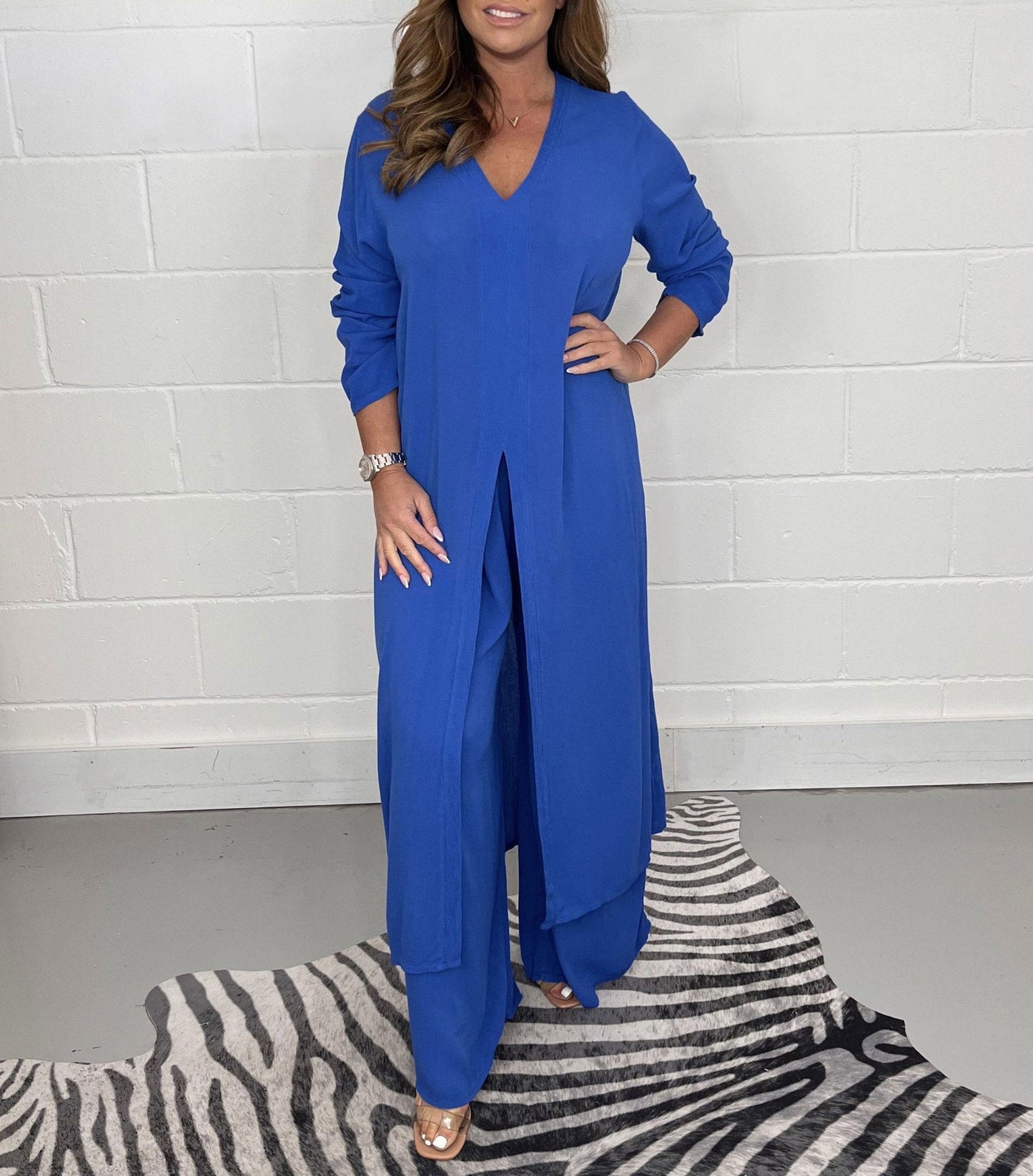 Langarm-Jumpsuit mit Knopfleiste und weitem Bein für Damen