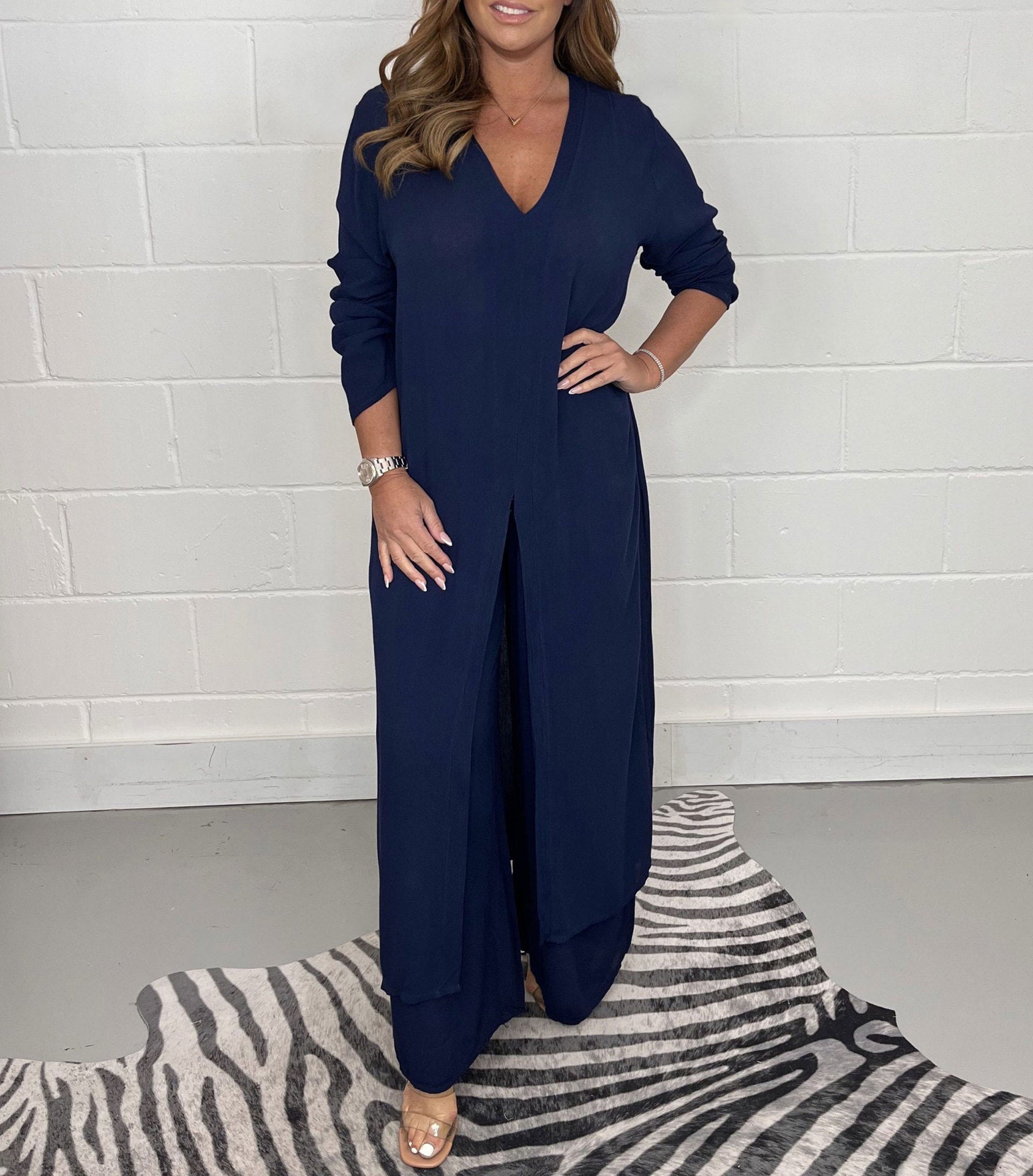 Langarm-Jumpsuit mit Knopfleiste und weitem Bein für Damen