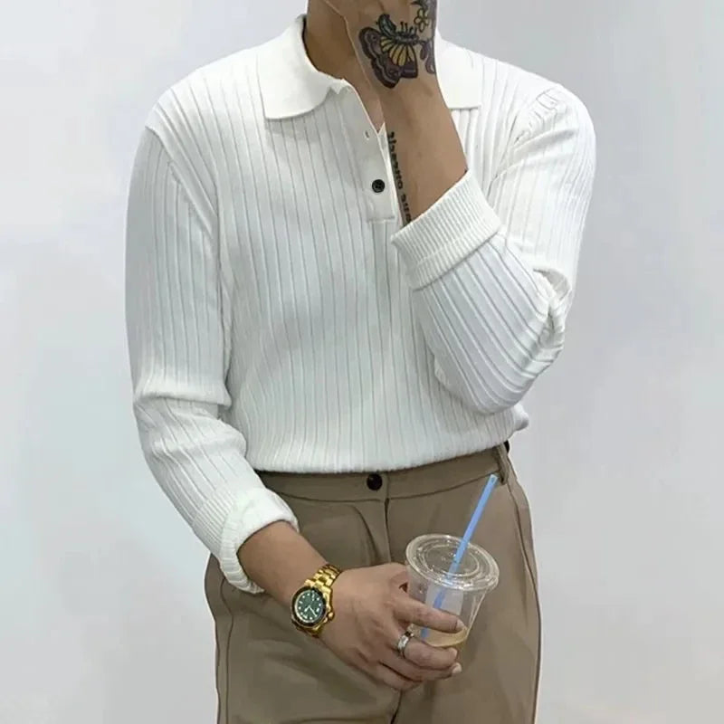 Geripptes Langarm-Stricktop mit Knopfleiste für Herren