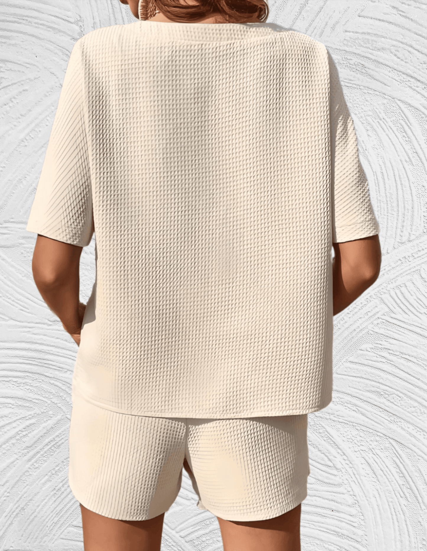 Strukturiertes Kurzarm-Top und Shorts-Set mit Kordelzug in der Taille für Damen