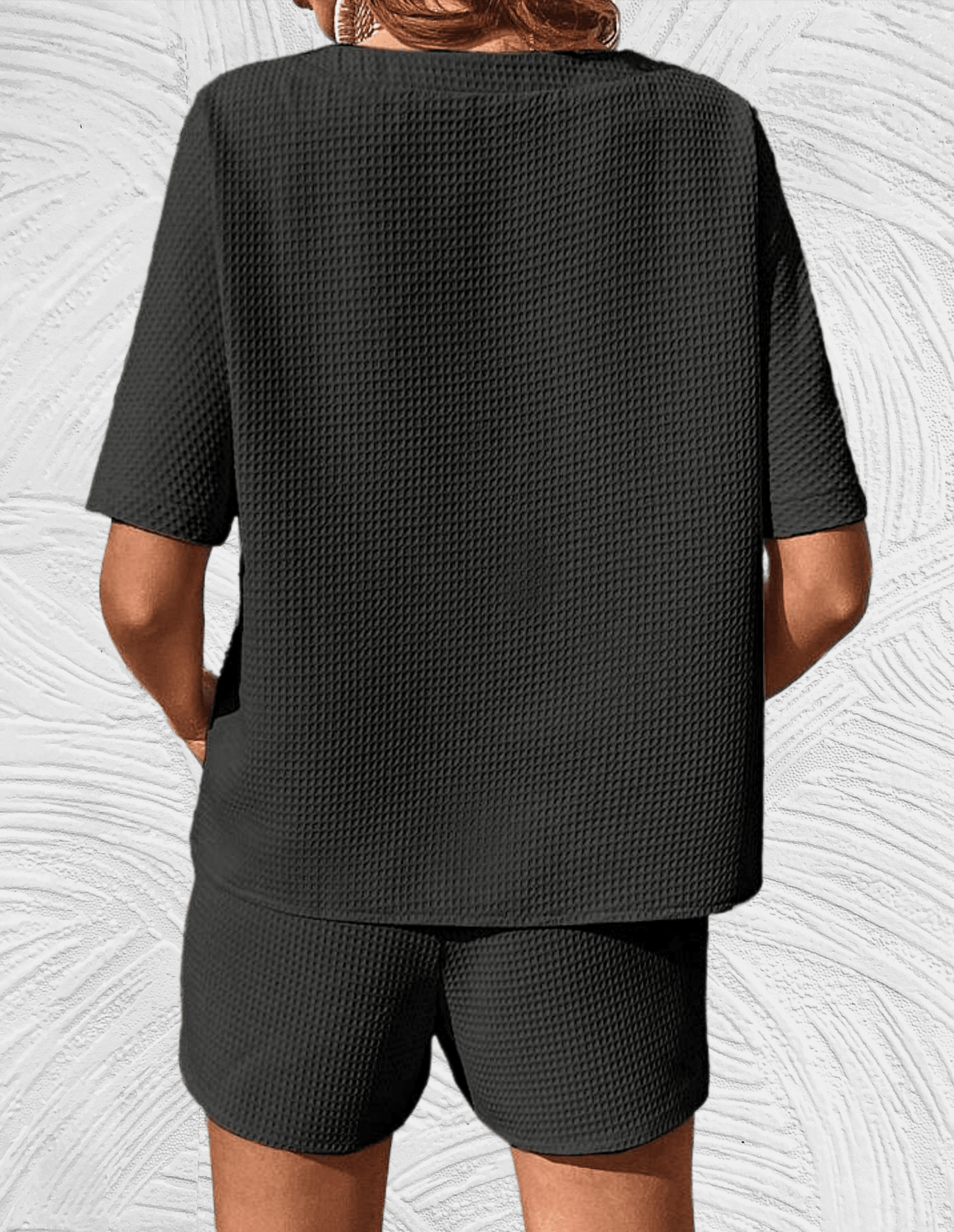 Strukturiertes Kurzarm-Top und Shorts-Set mit Kordelzug in der Taille für Damen