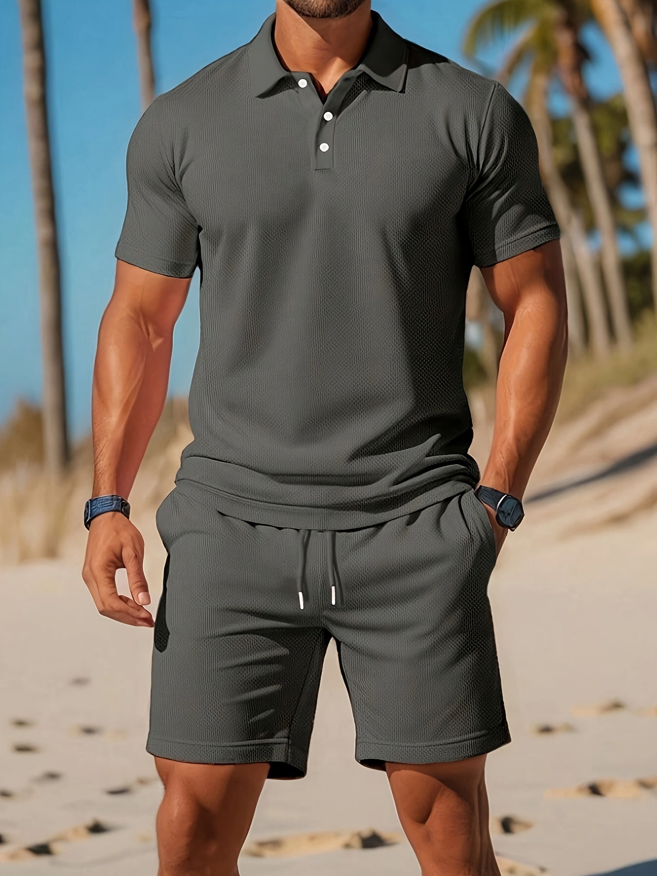 Herren-Set aus Poloshirt und Shorts mit Kordelzug in der Taille und tailliertem Schnitt