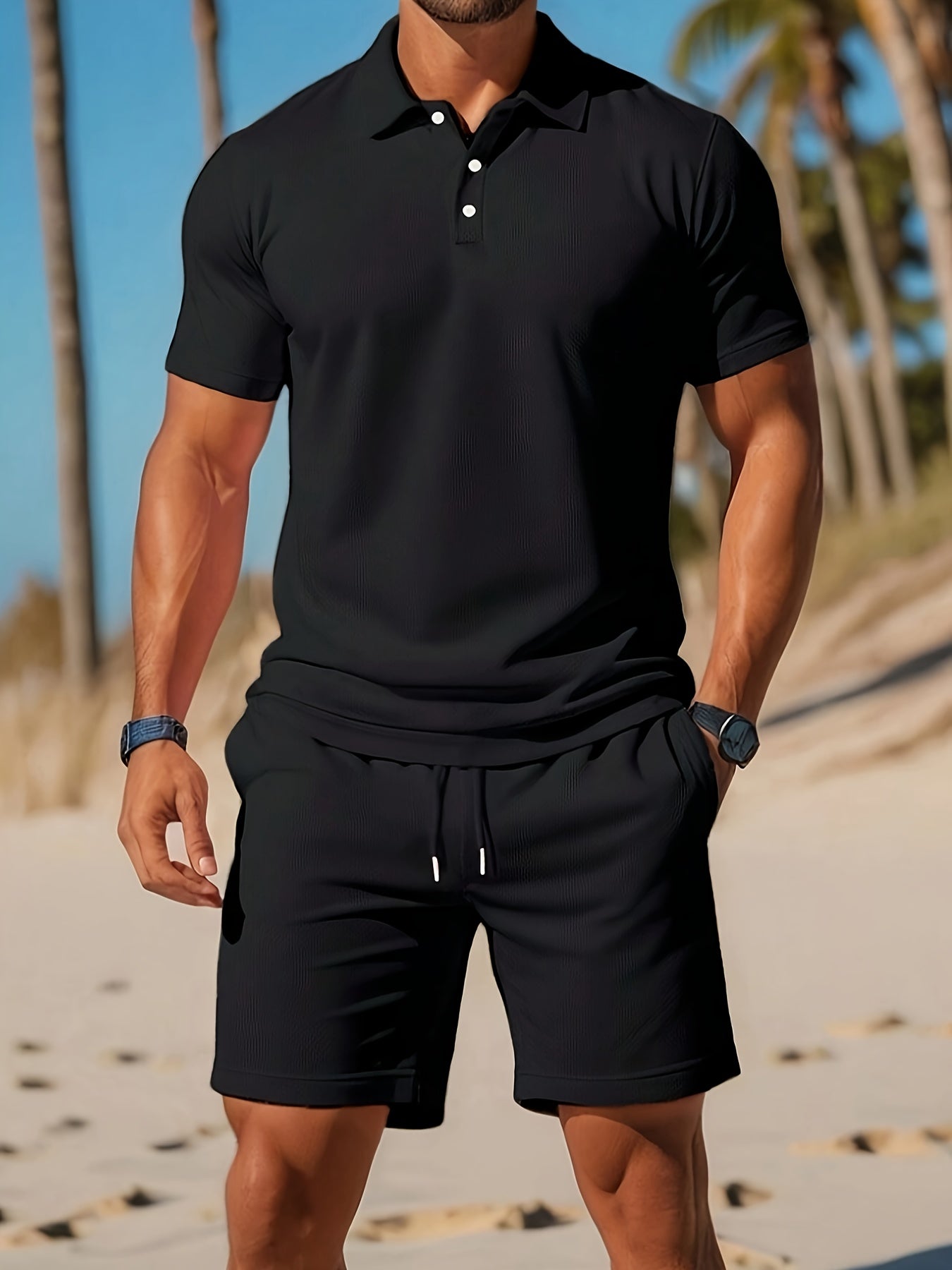 Herren-Set aus Poloshirt und Shorts mit Kordelzug in der Taille und tailliertem Schnitt