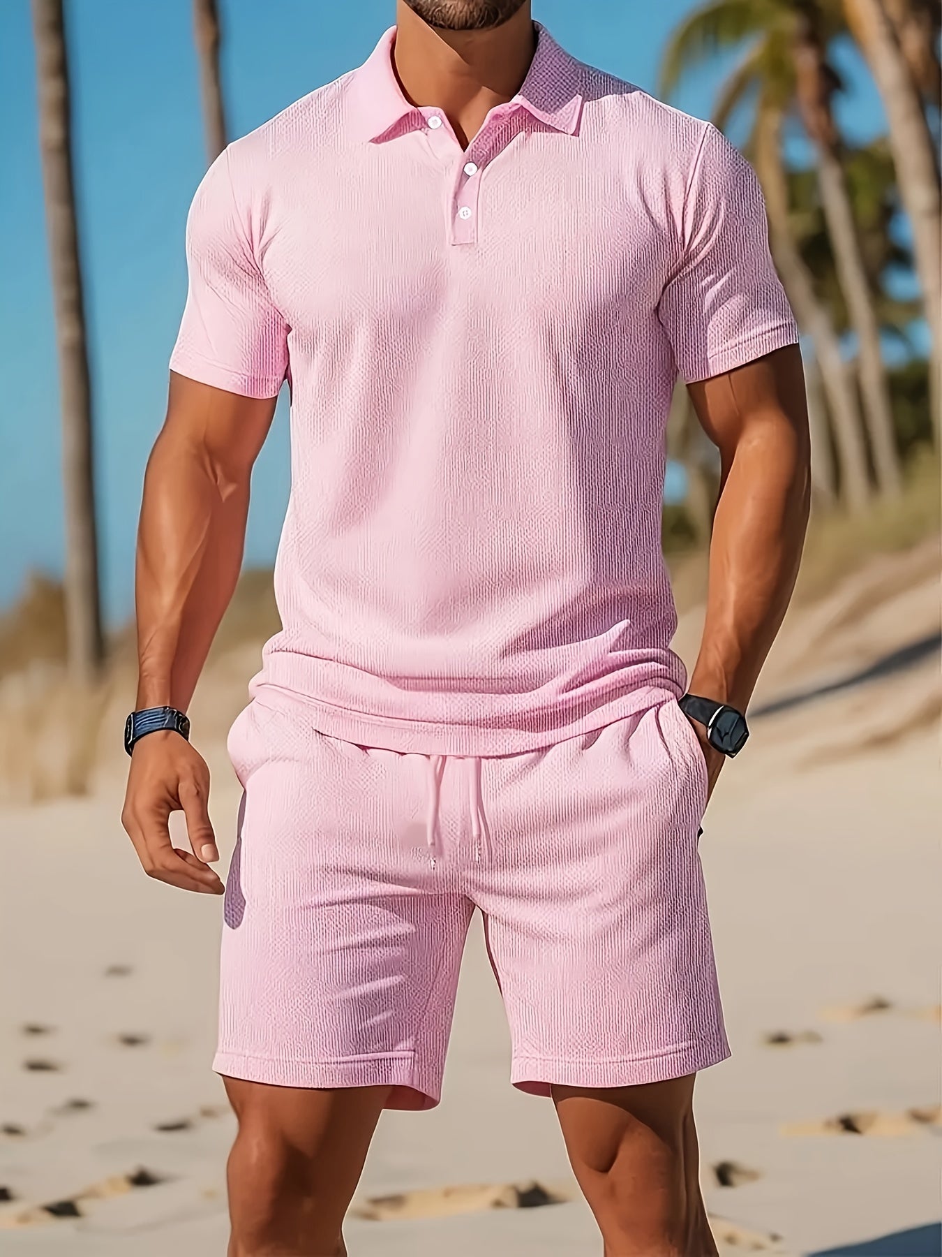 Herren-Set aus Poloshirt und Shorts mit Kordelzug in der Taille und tailliertem Schnitt