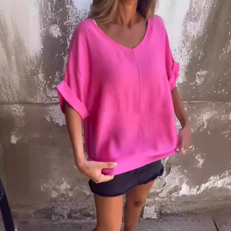 Big V-Neck Seven-Points Sleeve Pullover Top