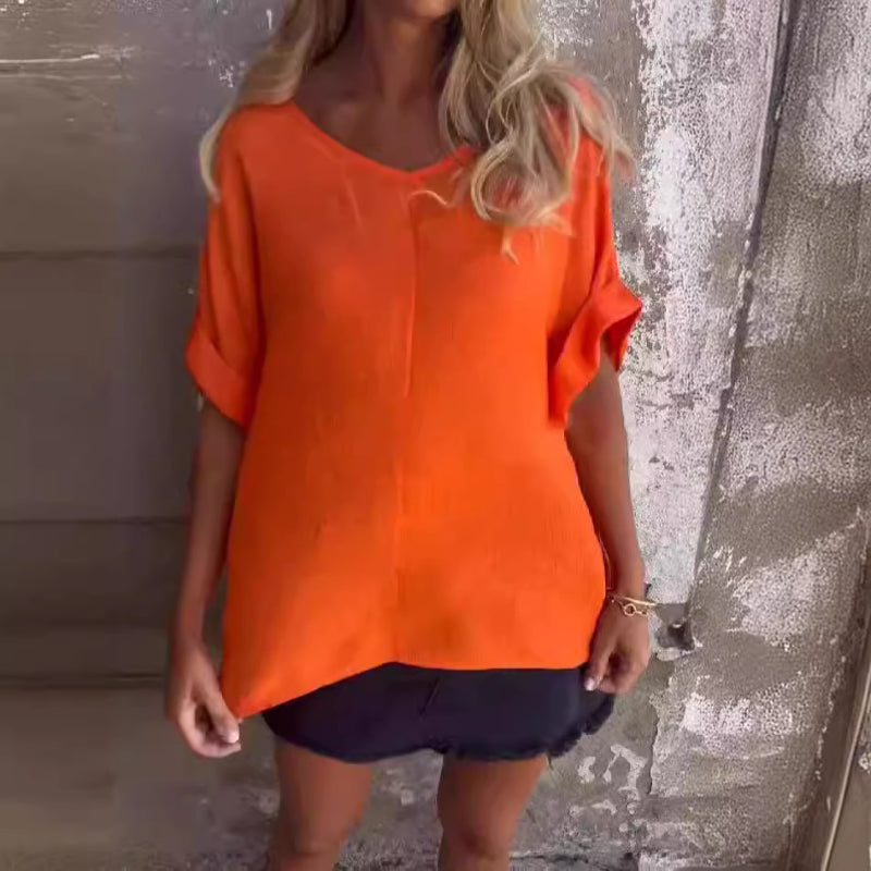 Big V-Neck Seven-Points Sleeve Pullover Top