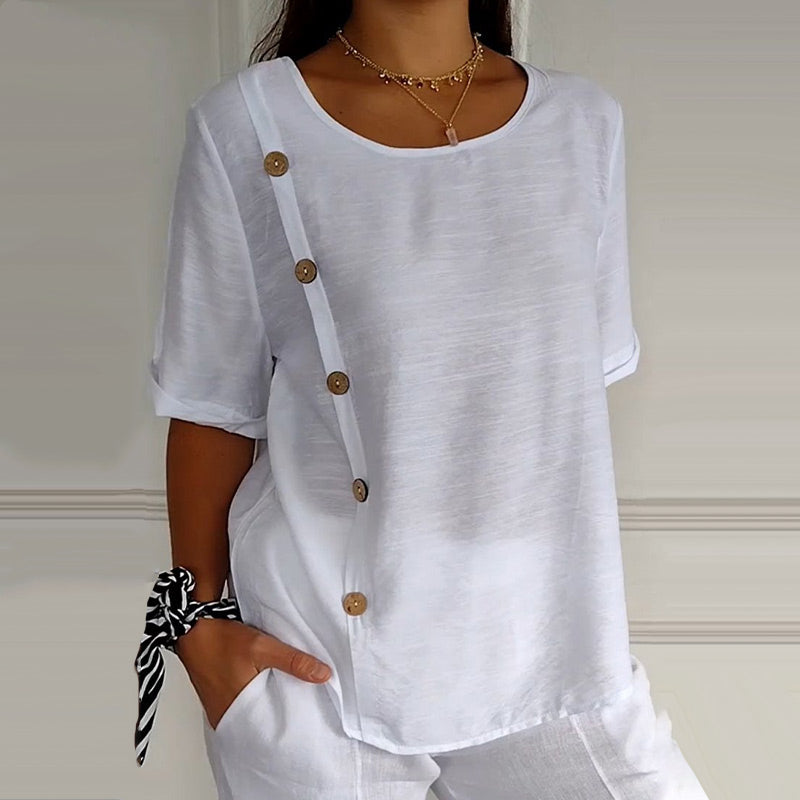 Relaxed-Fit-Top für Damen mit seitlichem Knopfdetail und rundem Ausschnitt