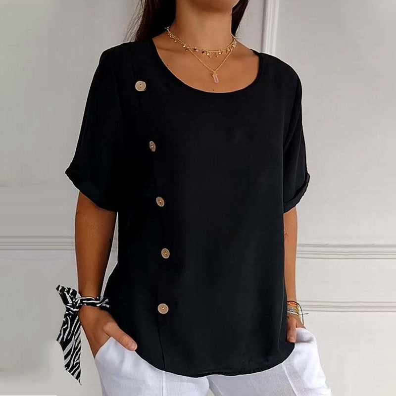 Relaxed-Fit-Top für Damen mit seitlichem Knopfdetail und rundem Ausschnitt