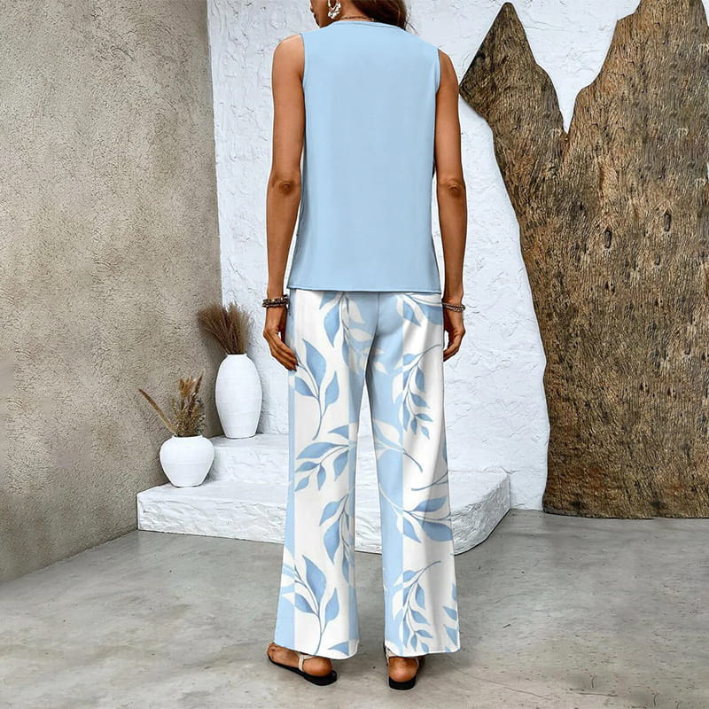 Set aus ärmellosem Oberteil und bedruckter Hose mit weitem Bein für Damen
