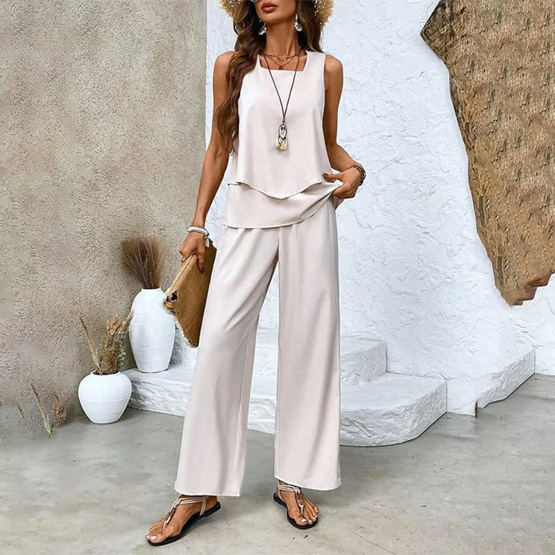 Set aus ärmellosem Oberteil und bedruckter Hose mit weitem Bein für Damen