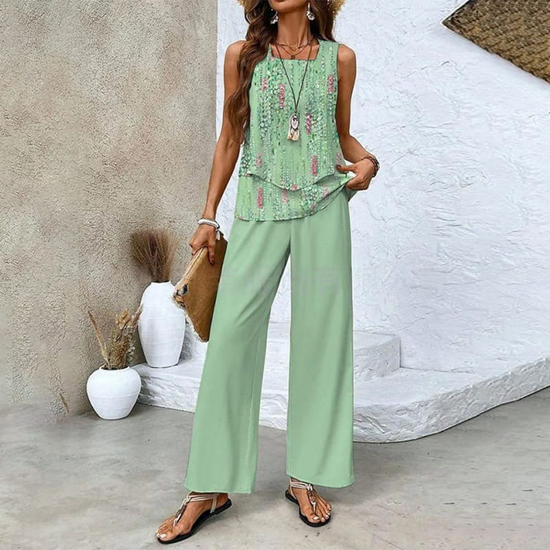 Set aus ärmellosem Oberteil und bedruckter Hose mit weitem Bein für Damen