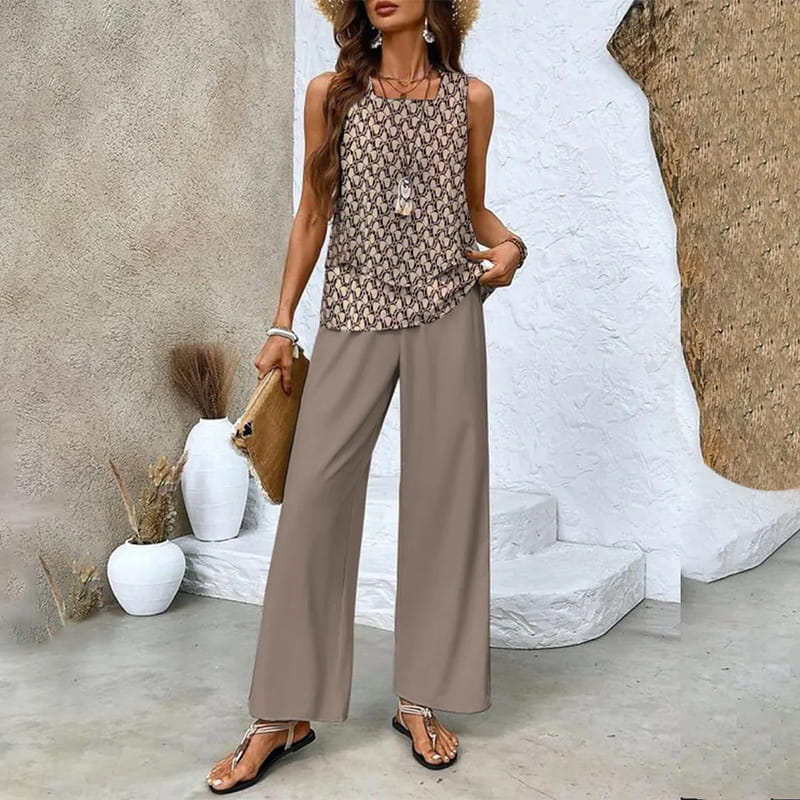 Set aus ärmellosem Oberteil und bedruckter Hose mit weitem Bein für Damen