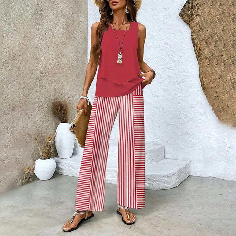 Set aus ärmellosem Oberteil und bedruckter Hose mit weitem Bein für Damen