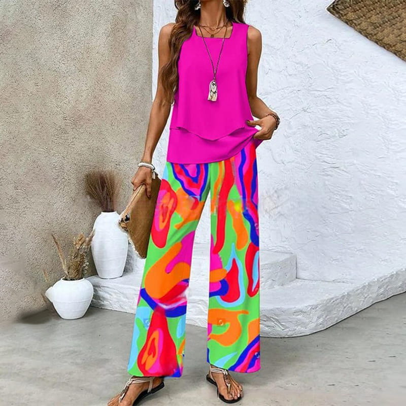 Set aus ärmellosem Oberteil und bedruckter Hose mit weitem Bein für Damen